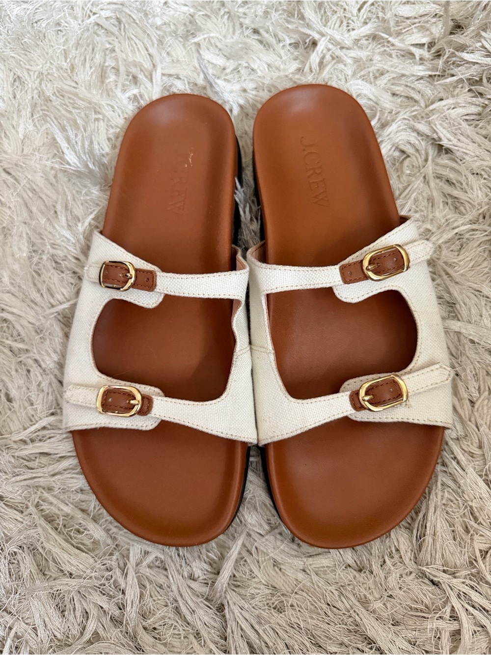 J. Crew Colbie Double Strap Buckle Sandals in Canvas & Leather Ivory/Brown Sz 9 - Picture 4 of 9